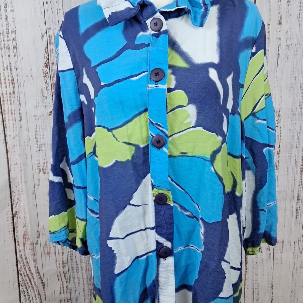 Yushi XL Blue Green Butterfly Wing Print Button Up Tunic Blouse Wired Collar Art - Picture 4 of 8
